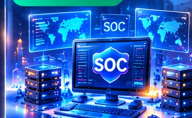 3D security operations center SOC monitoring screens